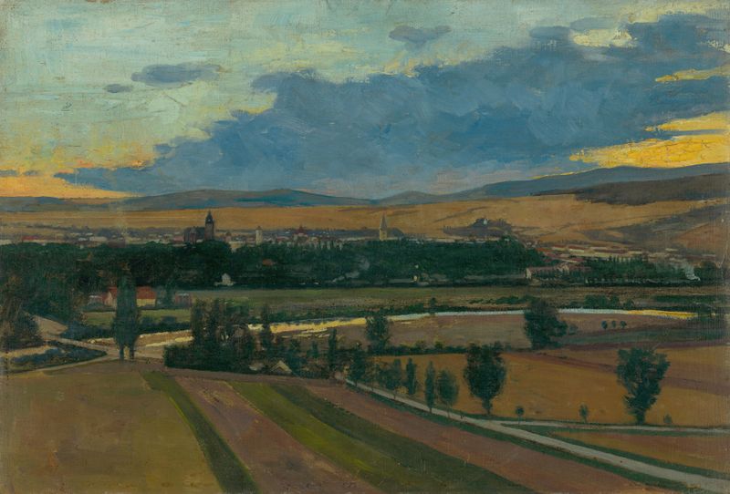 Pohľad na Košice by Ákos Aranyossy, oil painting depicting a serene cityscape.
