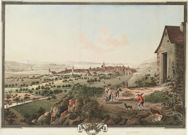 Landscape of Bienne with mountains and lake, oil on canvas by Niklaus Sprüngli