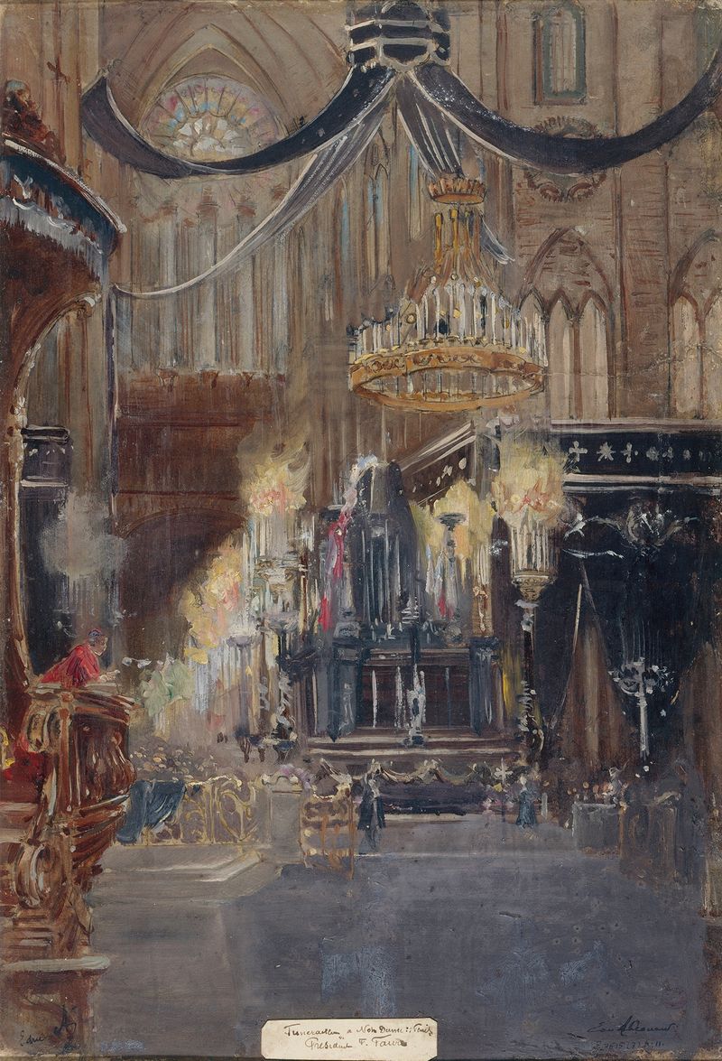 Historical funeral scene at Notre-Dame, oil on canvas by Jean Baptiste Edmond Allouard