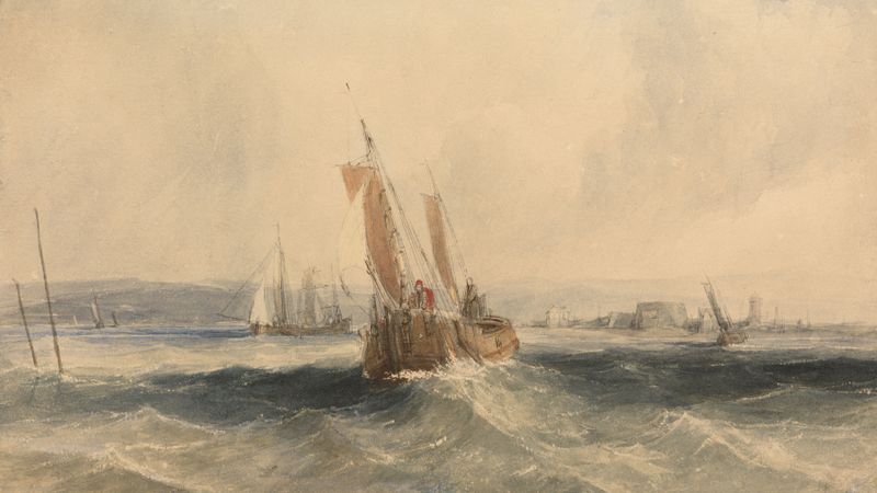 Marine scene with a boat on the sea by Alfred Gomersal Vickers, medium unknown.