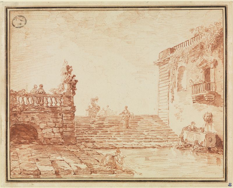 Freitreppe mit Brunnen und Wäscherinnen pintura a óleo de Hubert Robert mostrando lavadeiras perto de uma fonte.