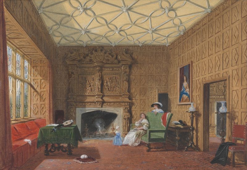 Watercolour by Joseph Nash depicting Levens, Westmoreland, The Small Drawing Room