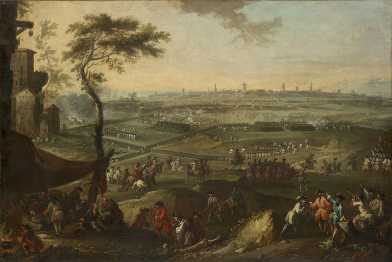Historical oil painting 'Siege of a Town' by Karel Breydel depicting a chaotic battle scene.