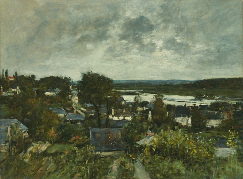 La Touques cerca de Deauville, óleo sobre lienzo de Eugène Boudin, representando una escena de playa serena.