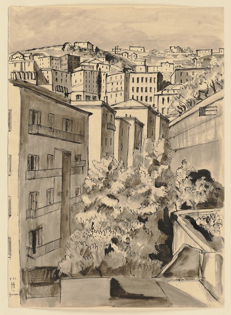 View of Genoa by Hermann Lismann, oil on canvas depicting coastal hills and a city.