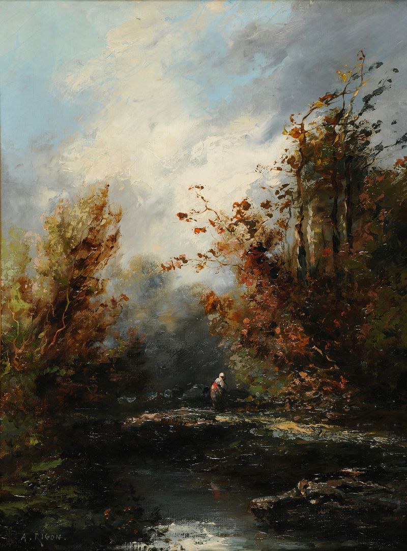 Paisagem com rio e camponesa, pintura a óleo de Auguste Rigon