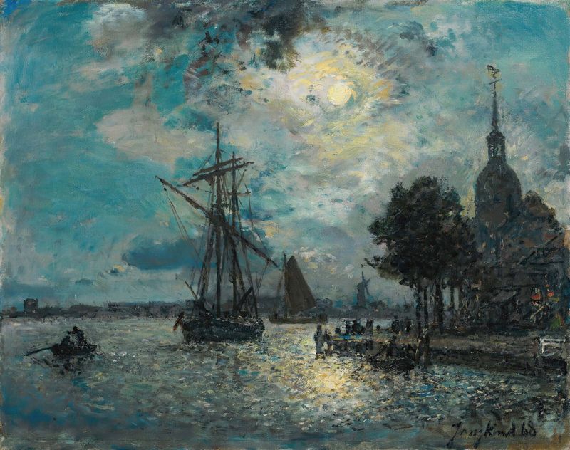 Escena marina con luz de luna sobre un puerto, pintura al óleo de Johan Barthold Jongkind