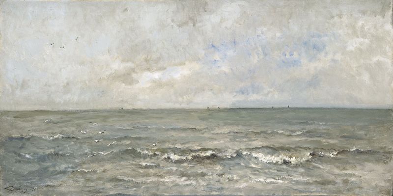 Seascape de Charles François Daubigny, óleo sobre lienzo que representa un mar tranquilo y nubes suaves.