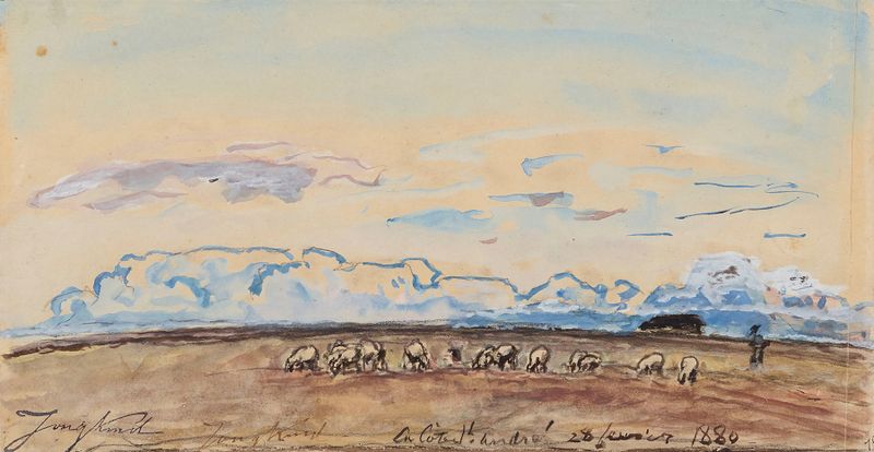 Paisagem com colinas e céu azul, pintura a óleo de Johan Barthold Jongkind