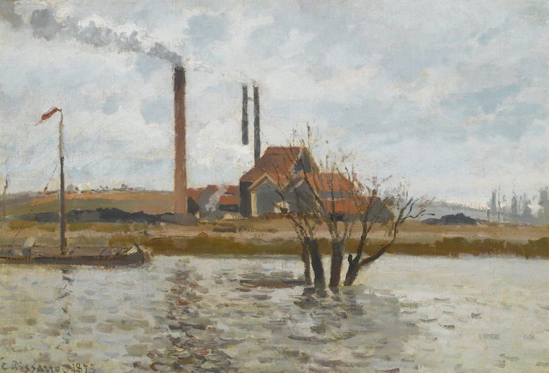Paisagem com uma fábrica à beira de um rio ao amanhecer, pintura a óleo de Camille Pissarro