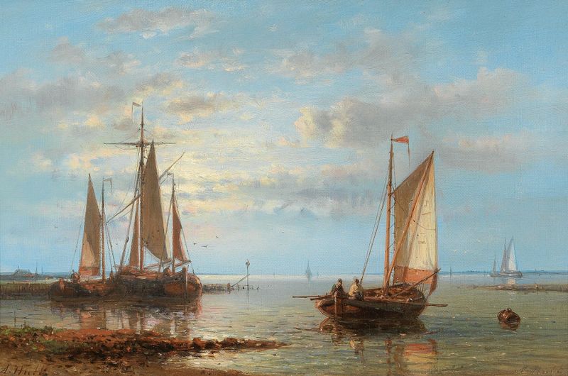 Sailing Boats on Rough Seas, oil on canvas by Abraham Hulk, depicting turbulent waters and dark clouds.