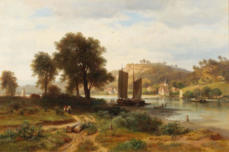Village on the Main, near Würzburg de Ludwig Halauska, óleo sobre tela retratando uma tranquila vila à beira do rio
