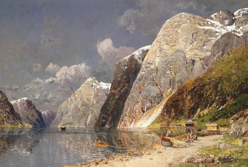 Grosse Fjordlandschaft de Karl Kaufmann, paisaje con fiordo y montañas, medio desconocido