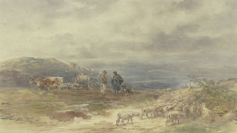 Landschaft mit Schafherde und Ochsenfuhrwerk by Anton Burger, realism, depicting a serene landscape with sheep and oxen.