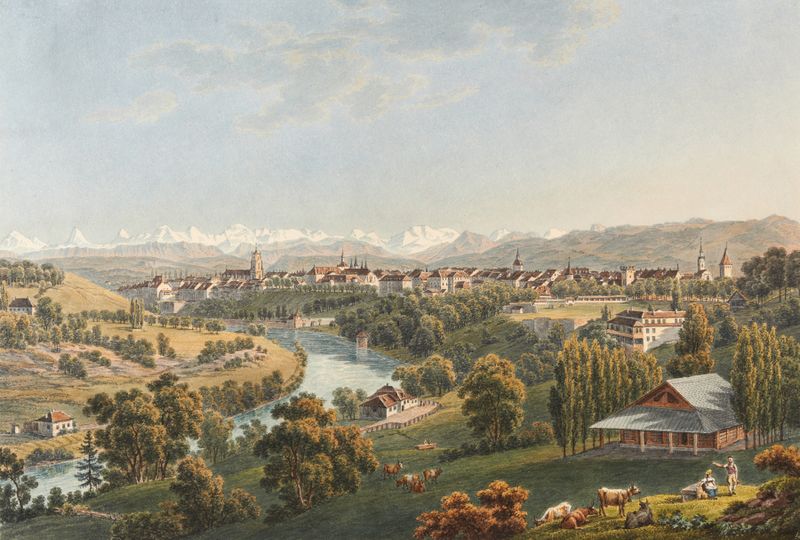 Vue de la ville de Berne, oil on canvas by Gabriel Lory the Younger, depicting a tranquil cityscape.