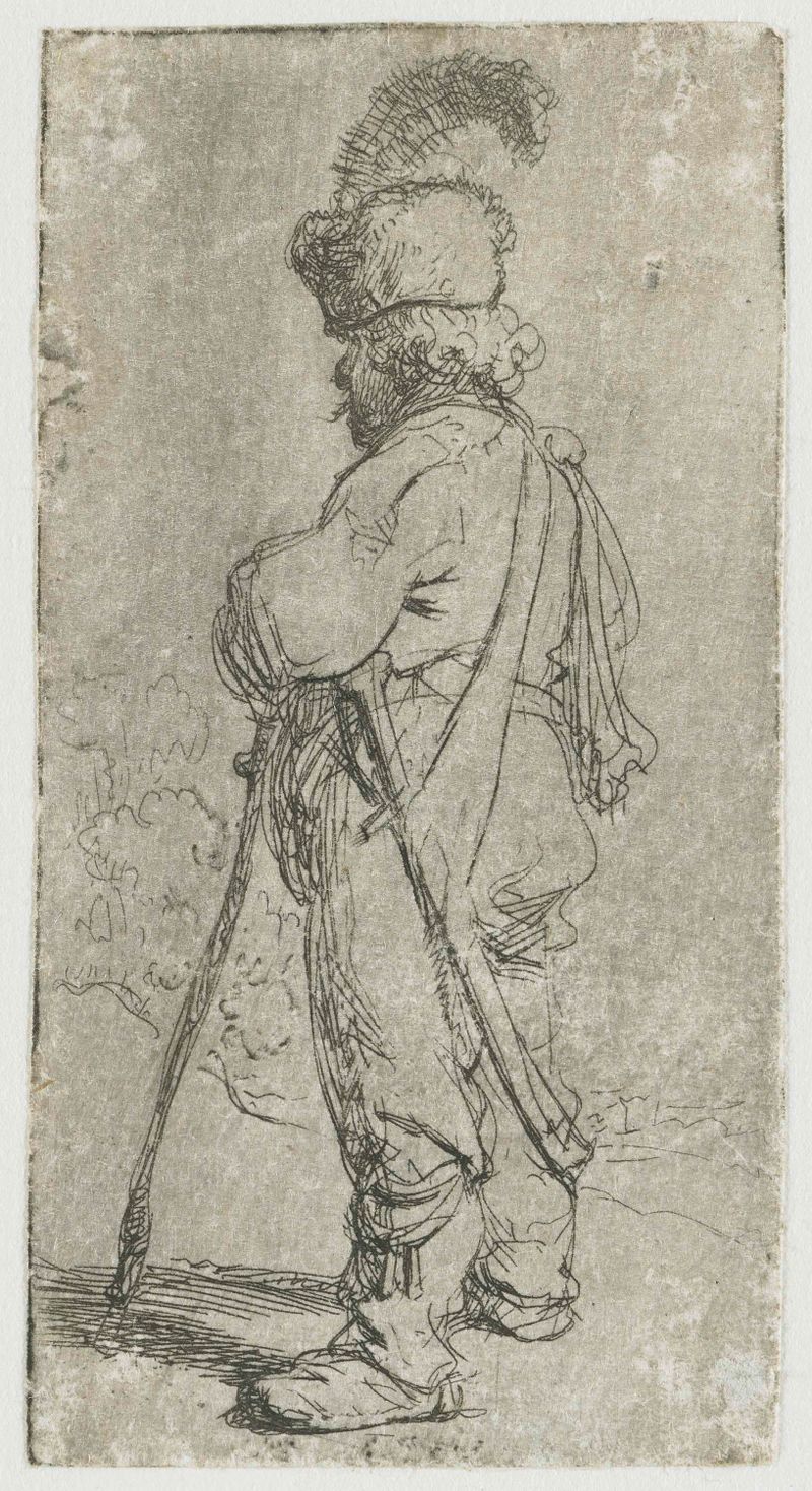 Grabado de Rembrandt van Rijn de un hombre apoyado en un palo.