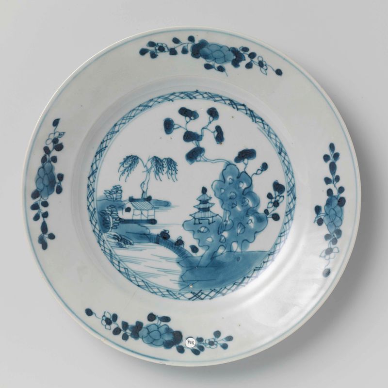 Plato con paisaje fluvial y racimos de flores, estilo Rococó, Artista Desconocido