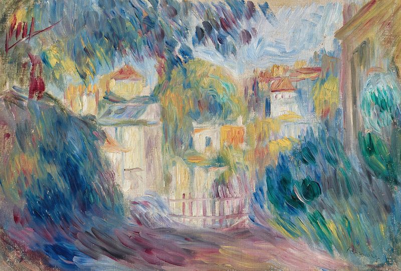 Jardin à Montmartre de Pierre-Auguste Renoir, óleo sobre lienzo que muestra un picnic bajo la luz filtrada.