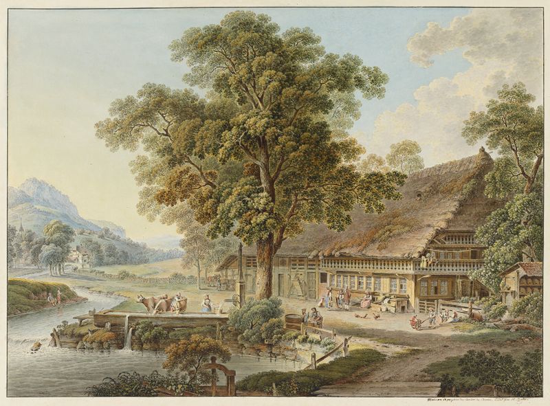 Landscape with a rustic farmhouse, oil on canvas by Heinrich Rieter