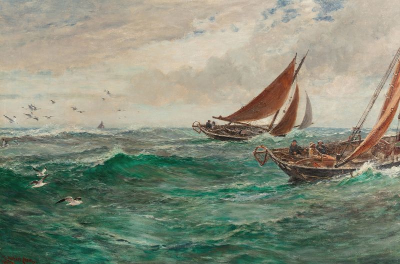 Marine scene with calm sea and distant trawlers by Charles Napier Hemy, oil painting