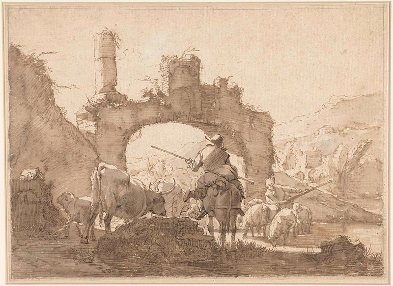 Genre scene of shepherds guiding their flock through a river, oil painting by Johann Heinrich Roos.