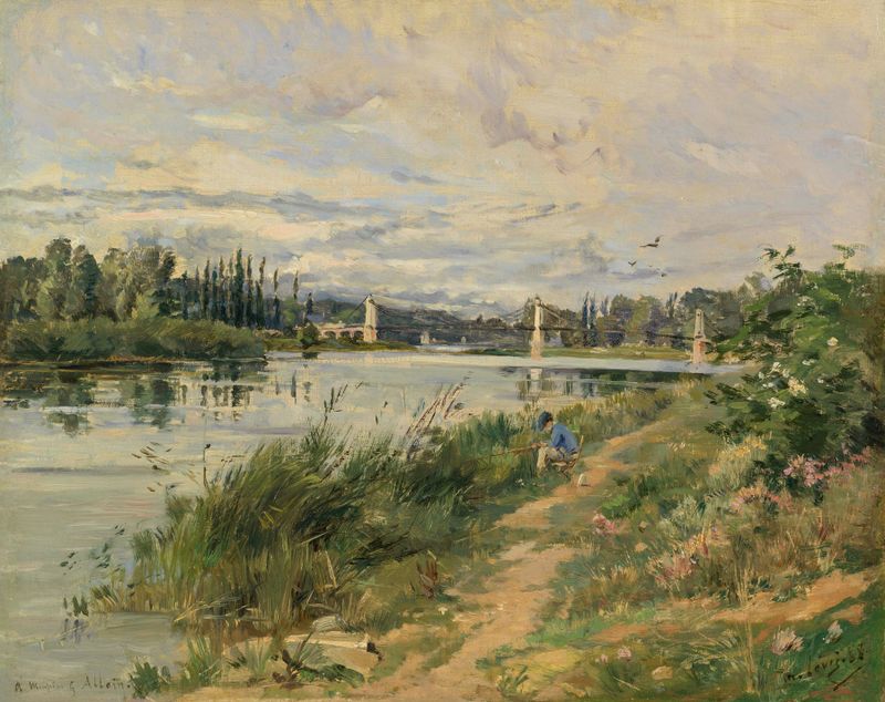 Fisherman on the Riverbank, óleo sobre tela de Maurice Levis, retratando uma cena serena à beira do rio.