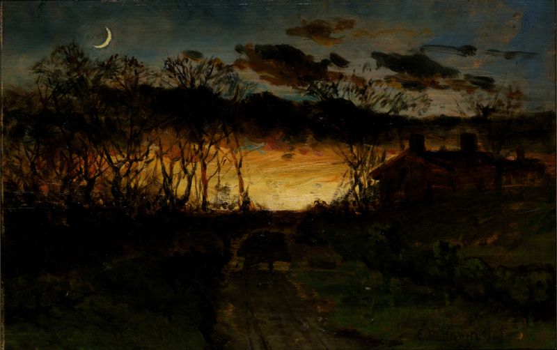 Atardecer con luna creciente y granja de Edward Mitchell Bannister, pintura al óleo.