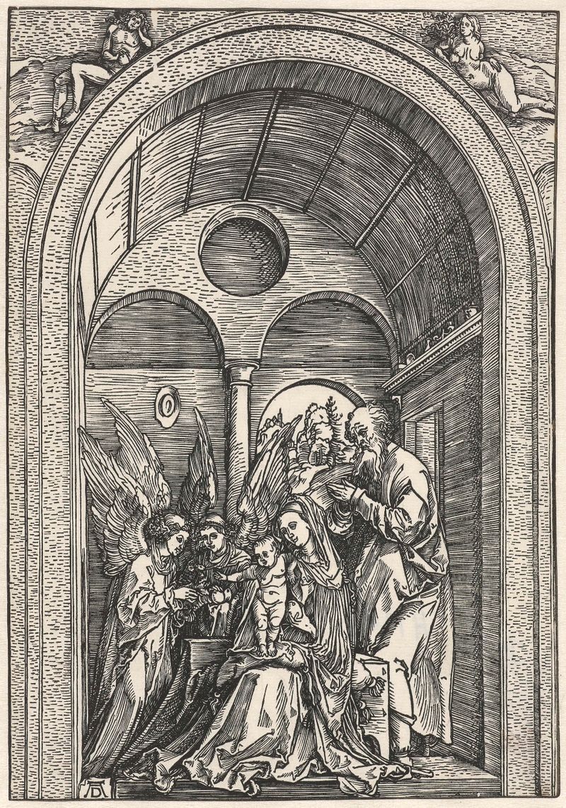 De Heilige Familie met twee engelen de Albrecht Dürer, meio papel, mostrando a Sagrada Família com dois anjos.
