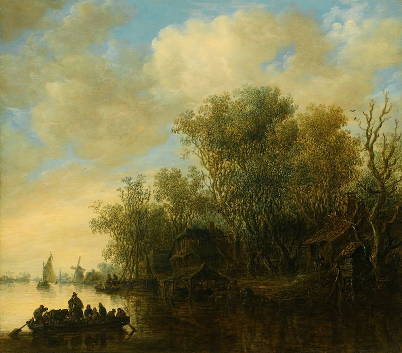 Uma paisagem fluvial com um barco-ferry se aproximando de uma margem movimentada, óleo sobre tela de Jan van Goyen.