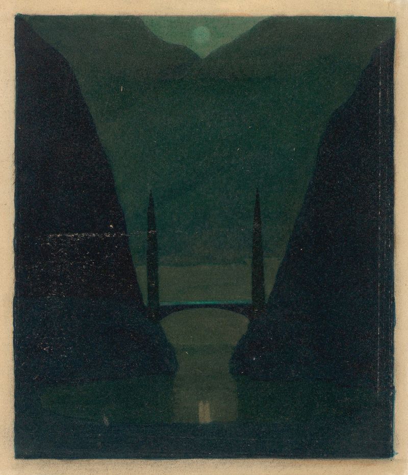 A Bridge in a Mountainous Landscape, oil on canvas by Herbert Crowley