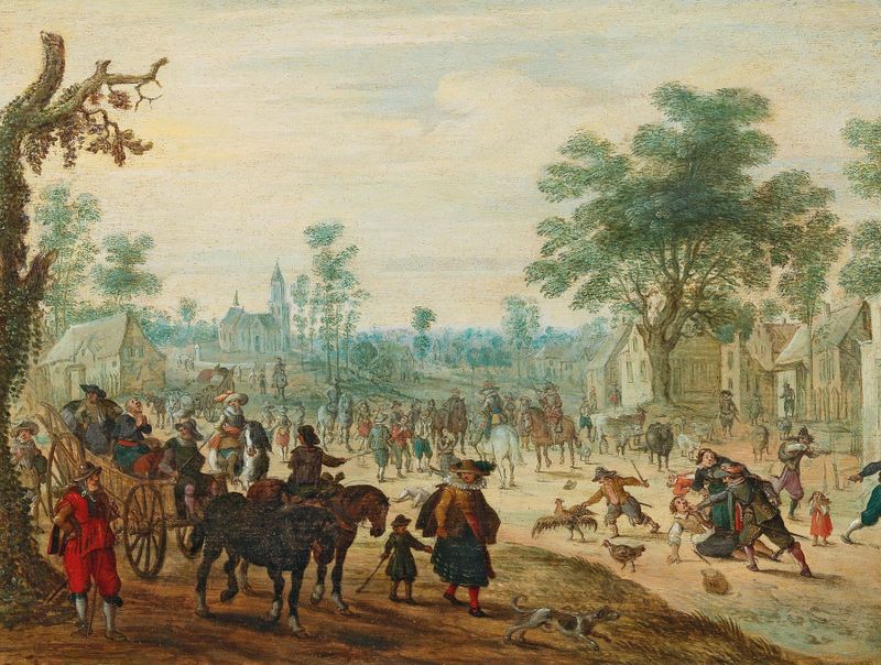 Genre scene depicting a village with numerous figures on a road, oil painting by Sebastian Vrancx