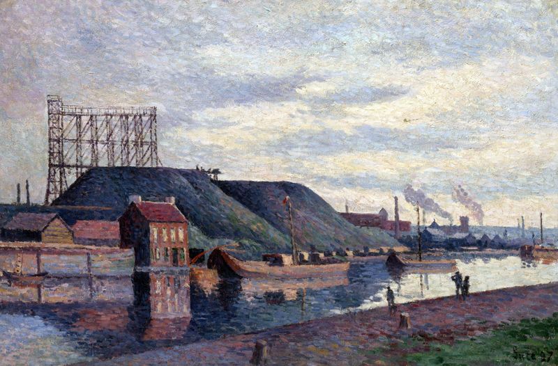 Paisaje postimpresionista de Maximilien Luce, que muestra colinas bajo un cielo crepuscular.