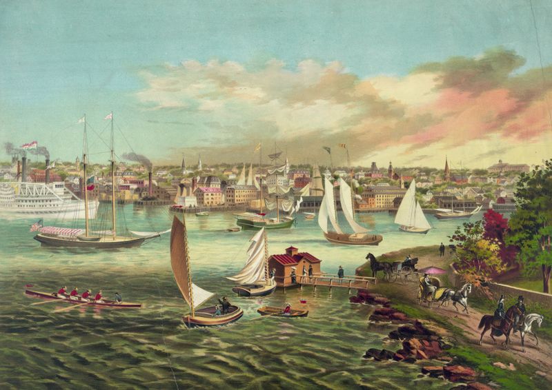 Oil painting of Newport Beach, R.I. by F. Gleason, showcasing waves and sunlight.