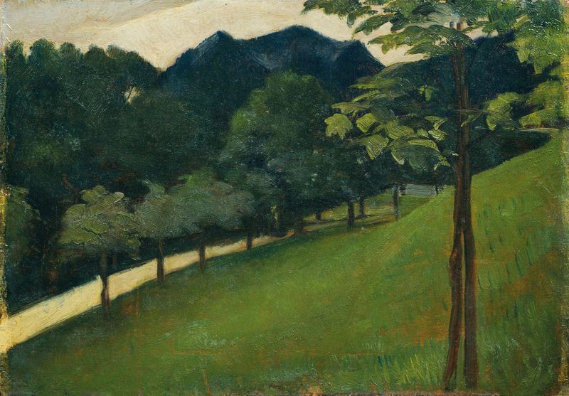 Landscape featuring a green slope and trees by Otto Friedrich, oil painting