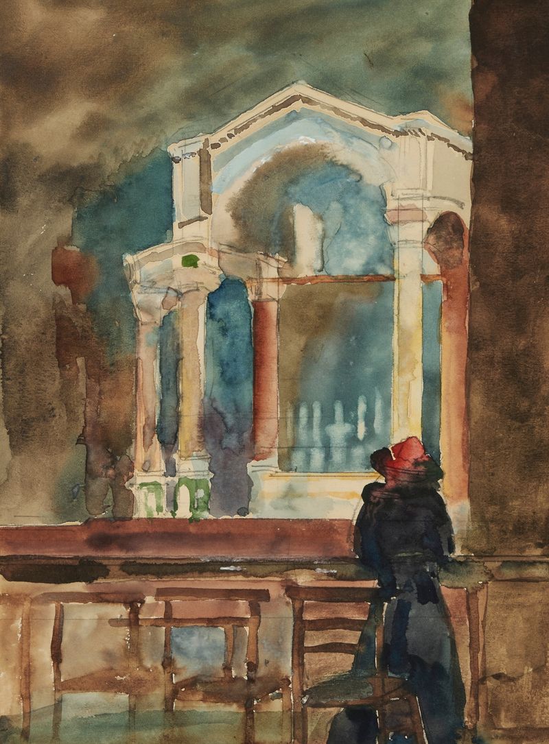 Church Interior by Sir William Eden, oil on canvas, depicting a tranquil church scene with soft light.