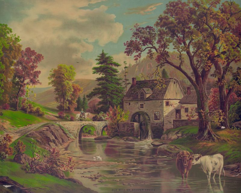 Old mill on Beaver Creek by Krebs Lith. Co, lithograph depicting a serene landscape