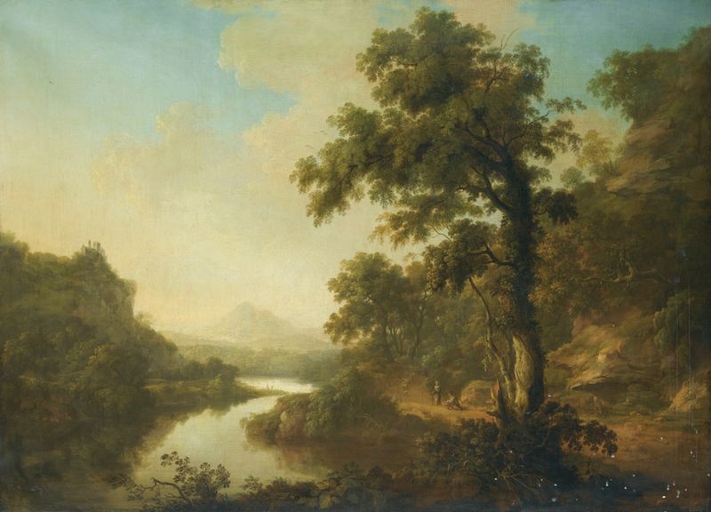 Uma paisagem fluvial arborizada com figuras em um caminho, óleo sobre tela de Thomas Roberts