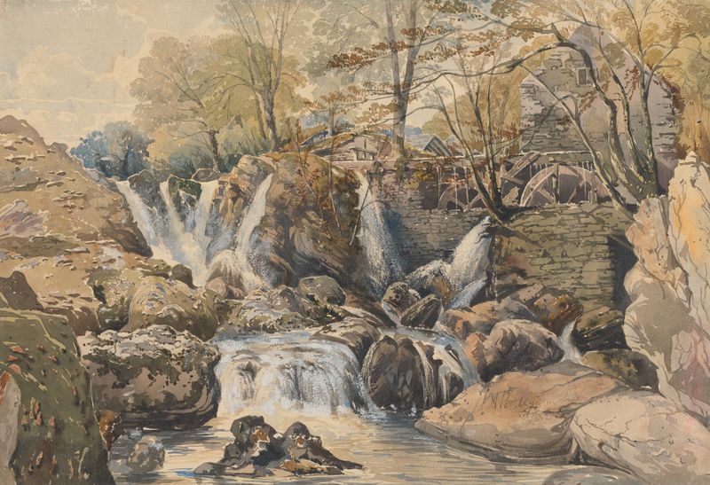 Watermill and Waterfalls by Aaron Edwin Penley, oil on canvas depicting a serene landscape with a waterfall.