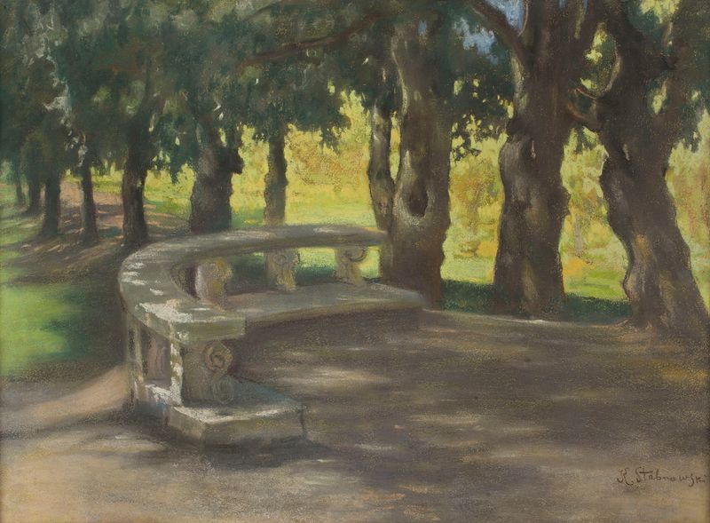 Paisaje de robles y luz solar en un parque de Kazimierz Stabrowski, pintura al óleo