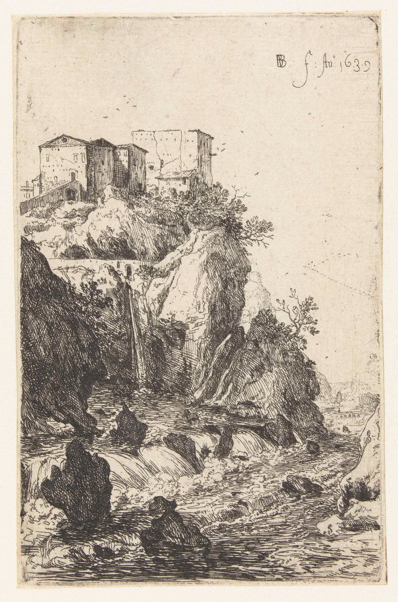 Escena de cascada de Bartholomeus Breenbergh, grabado, con un río y un puente.