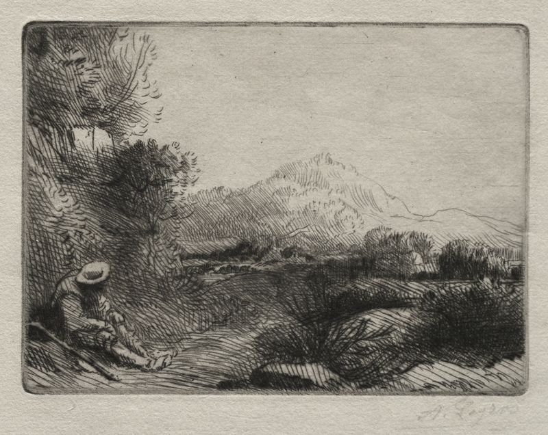 Cena figurativa de um viajante cansado descansando contra uma árvore, de Alphonse Legros.
