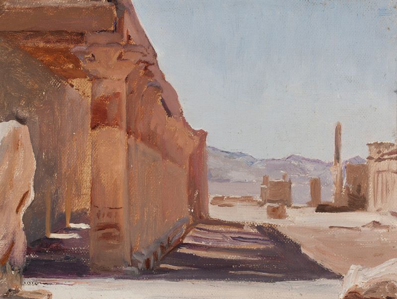 Temple. From the journey to Egypt by Jan Ciągliński, oil painting depicting a colorful temple with intricate details.