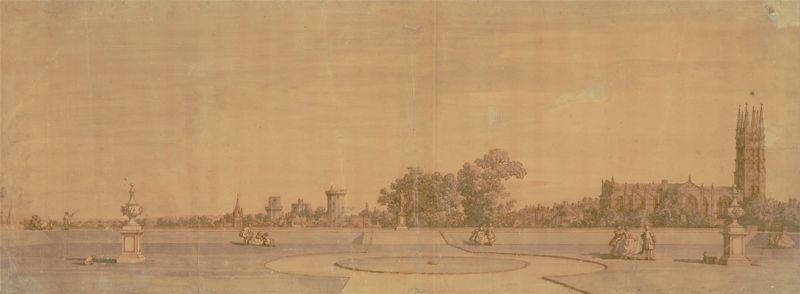 Paisagem da cidade e do castelo de Warwick, pintura a óleo de Canaletto