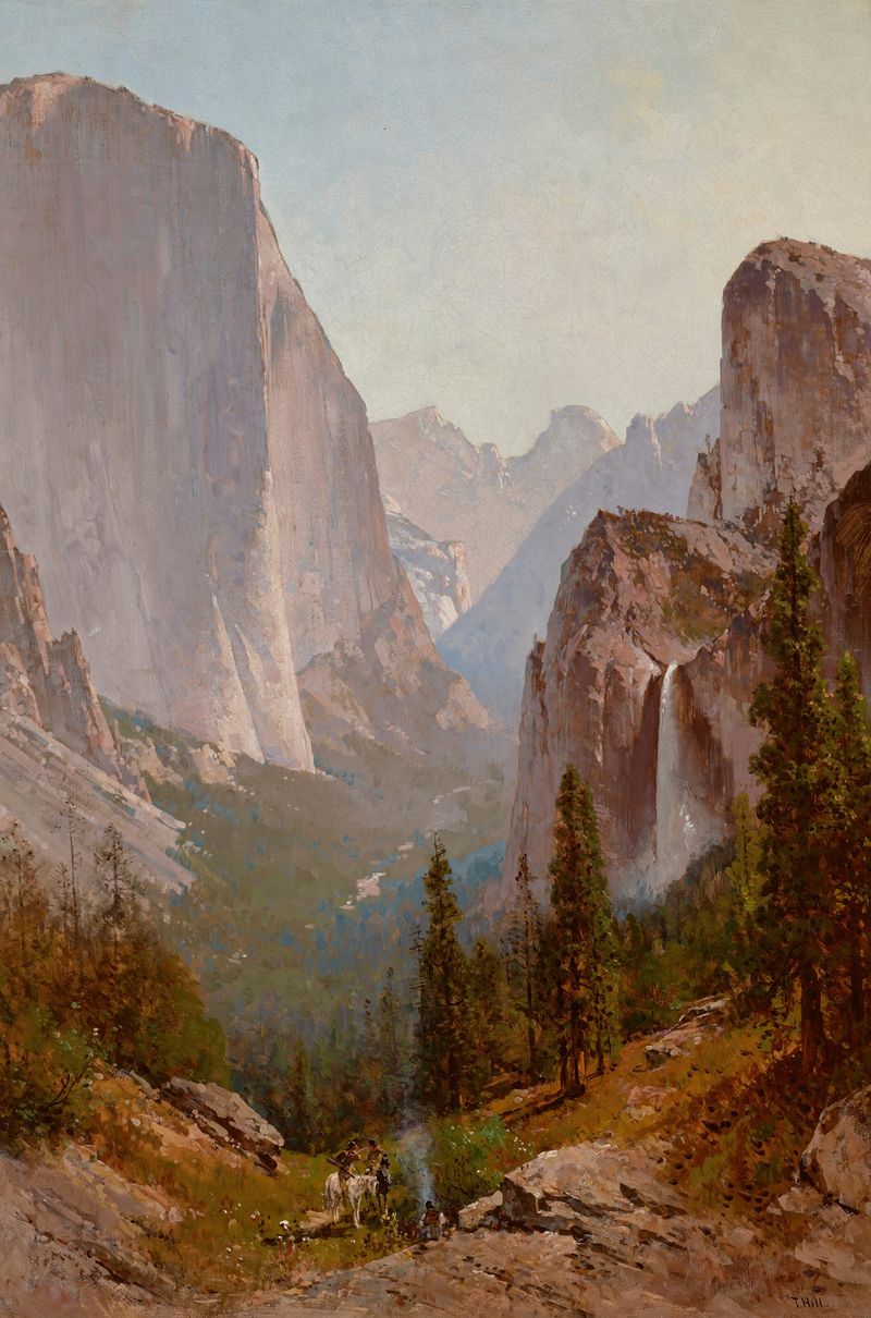 Landscape of Yosemite by Thomas Hill, oil painting featuring granite peaks and clouds.