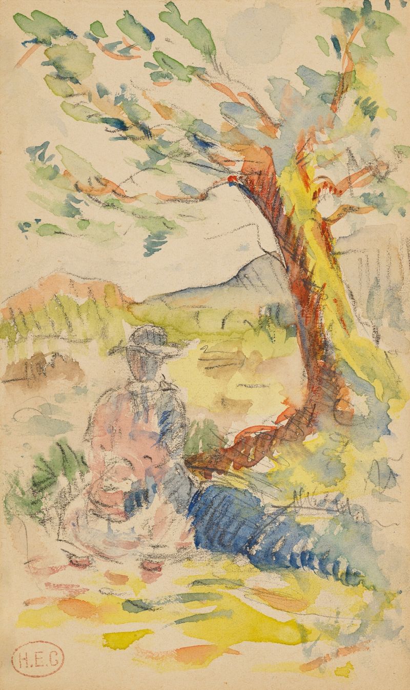 Femme sous un arbre de Henri-Edmond Cross, pintura a óleo com uma figura sob uma árvore.