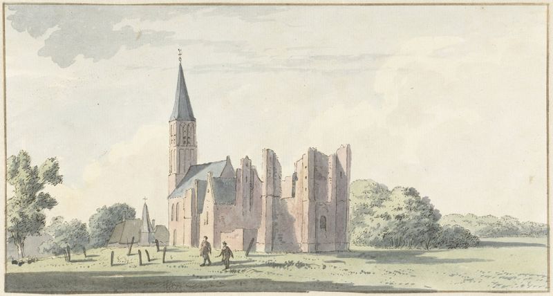 Ruïne van de kerk te Serooskerken by Cornelis van Noorde, oil on canvas showing a decaying church in nature.
