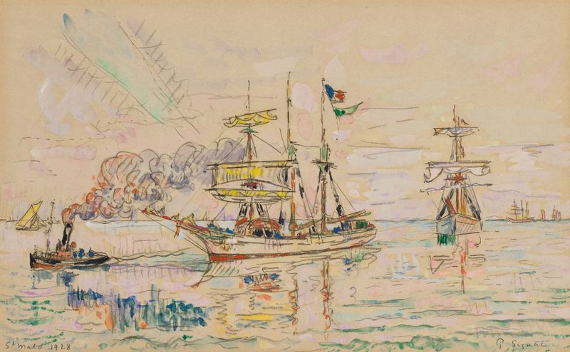 Saint-Malo. Les Terreneuvas de Paul Signac, óleo sobre tela representando ondas costeiras e reflexões.