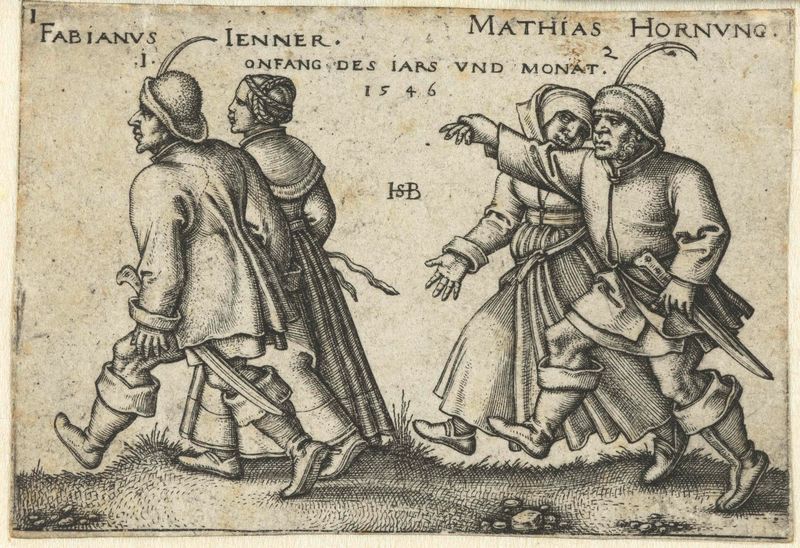 Grabado de Hans Sebald Beham que representa a parejas campesinas bailando en celebración.