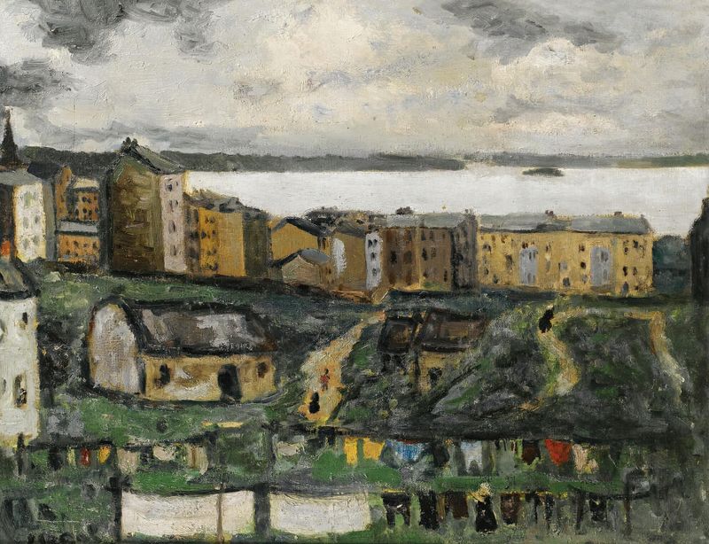 Village View de Arthur Segal, óleo sobre tela mostrando uma vila com tons terrosos e um céu azul suave.