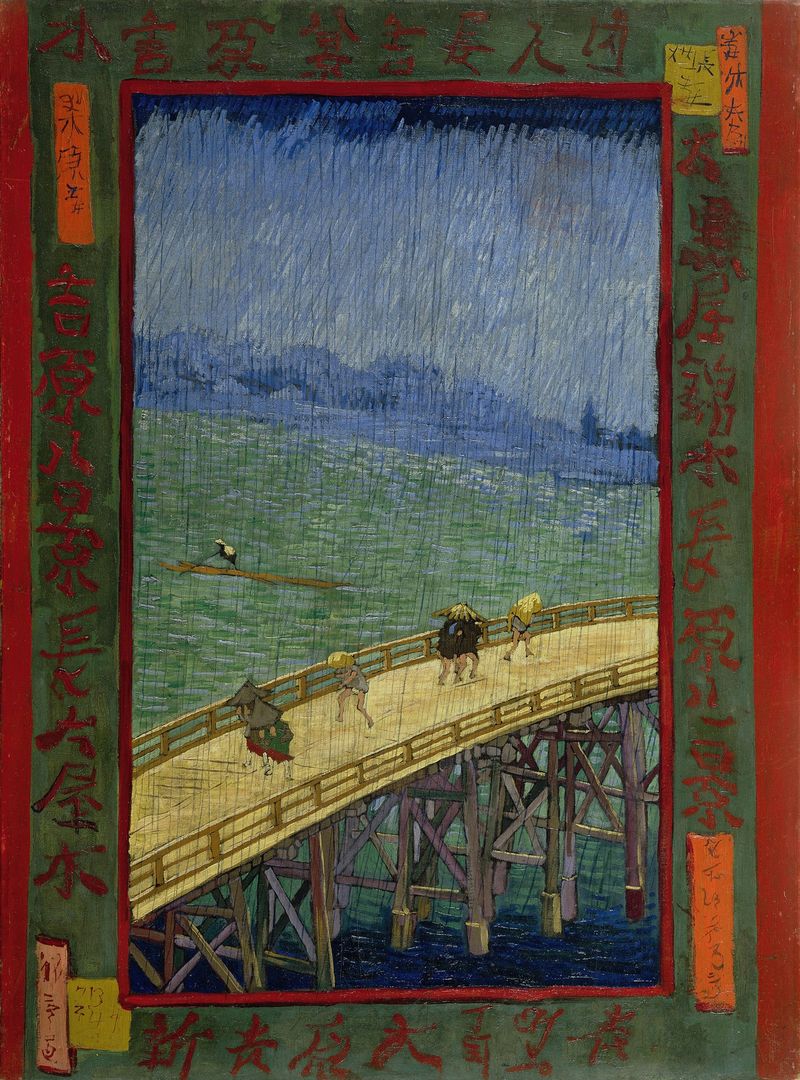 Ponte na chuva, óleo sobre tela de Vincent van Gogh, apresentando uma paisagem vibrante com chuva.